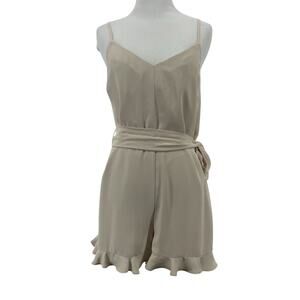 Amanda Uprichard Size XS Belted Ruffle Romper V-Neck‎ Cream Neutral Coquette